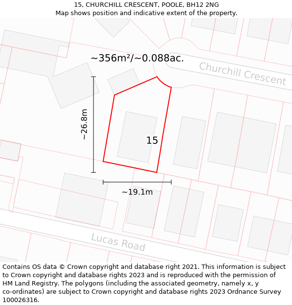 15, CHURCHILL CRESCENT, POOLE, BH12 2NG: Plot and title map