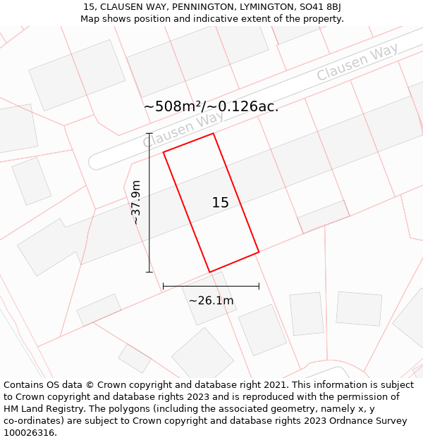 15, CLAUSEN WAY, PENNINGTON, LYMINGTON, SO41 8BJ: Plot and title map