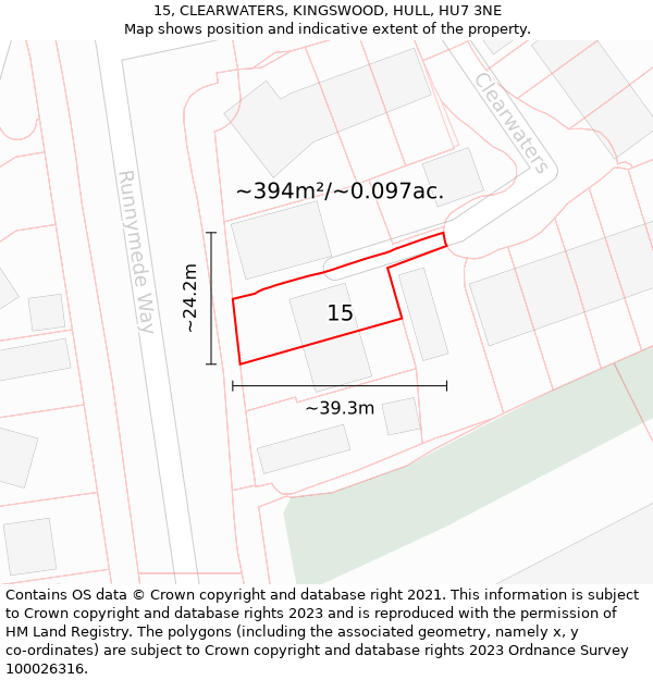 15, CLEARWATERS, KINGSWOOD, HULL, HU7 3NE: Plot and title map