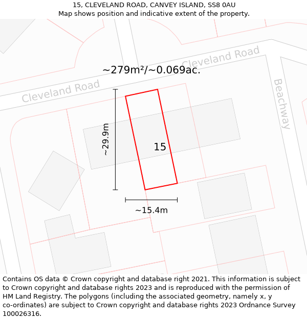 15, CLEVELAND ROAD, CANVEY ISLAND, SS8 0AU: Plot and title map