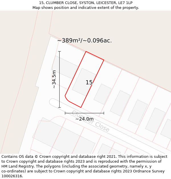 15, CLUMBER CLOSE, SYSTON, LEICESTER, LE7 1LP: Plot and title map