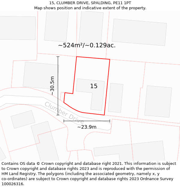 15, CLUMBER DRIVE, SPALDING, PE11 1PT: Plot and title map