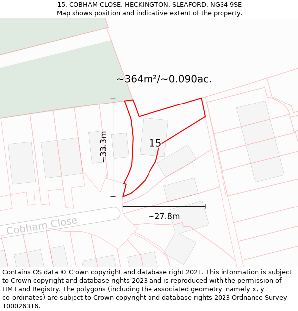 15, COBHAM CLOSE, HECKINGTON, SLEAFORD, NG34 9SE: Plot and title map