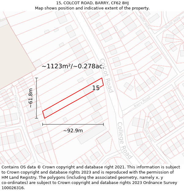 15, COLCOT ROAD, BARRY, CF62 8HJ: Plot and title map