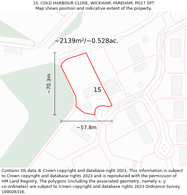 15, COLD HARBOUR CLOSE, WICKHAM, FAREHAM, PO17 5PT: Plot and title map