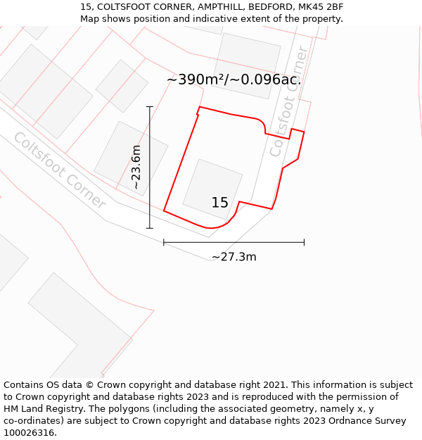 15, COLTSFOOT CORNER, AMPTHILL, BEDFORD, MK45 2BF: Plot and title map