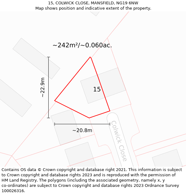 15, COLWICK CLOSE, MANSFIELD, NG19 6NW: Plot and title map