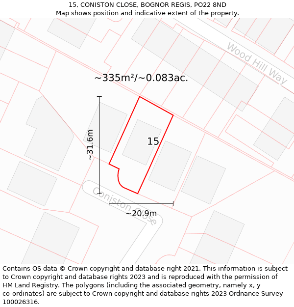 15, CONISTON CLOSE, BOGNOR REGIS, PO22 8ND: Plot and title map