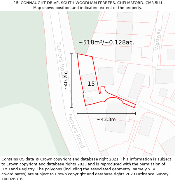 15, CONNAUGHT DRIVE, SOUTH WOODHAM FERRERS, CHELMSFORD, CM3 5LU: Plot and title map