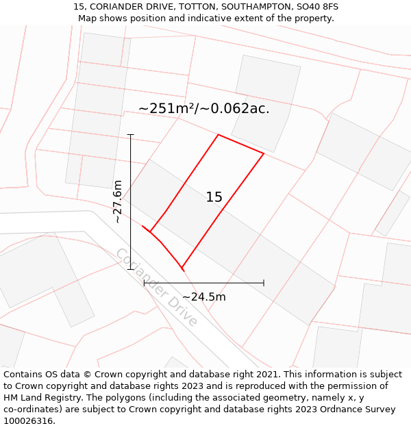 15, CORIANDER DRIVE, TOTTON, SOUTHAMPTON, SO40 8FS: Plot and title map