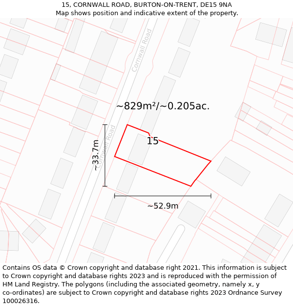 15, CORNWALL ROAD, BURTON-ON-TRENT, DE15 9NA: Plot and title map