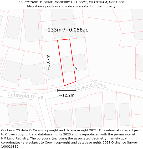 15, COTSWOLD DRIVE, GONERBY HILL FOOT, GRANTHAM, NG31 8GE: Plot and title map