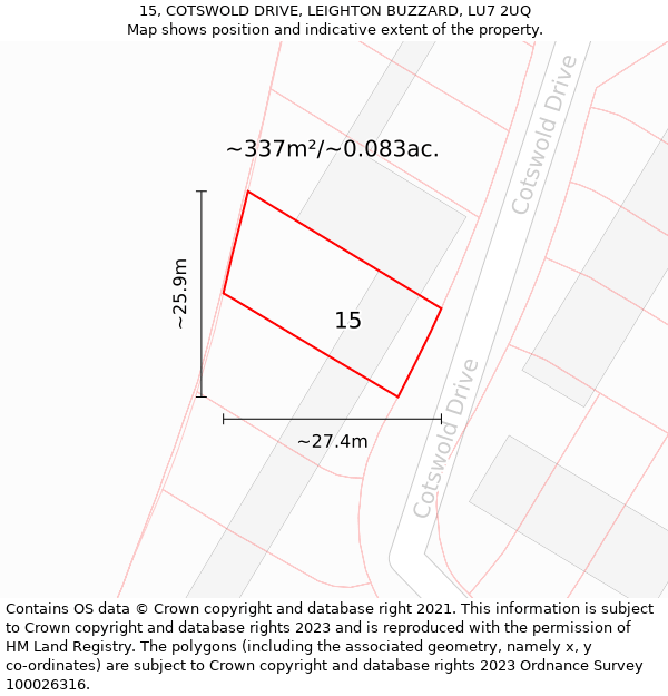 15, COTSWOLD DRIVE, LEIGHTON BUZZARD, LU7 2UQ: Plot and title map