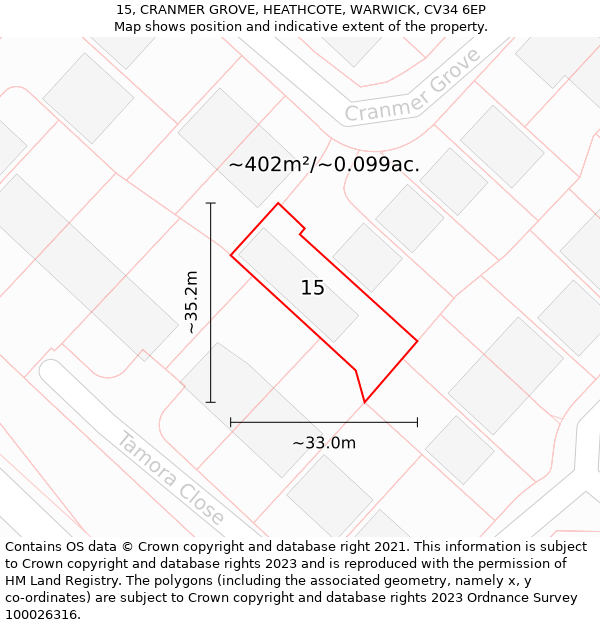 15, CRANMER GROVE, HEATHCOTE, WARWICK, CV34 6EP: Plot and title map