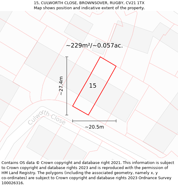 15, CULWORTH CLOSE, BROWNSOVER, RUGBY, CV21 1TX: Plot and title map