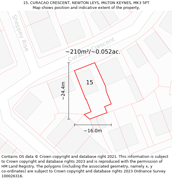 15, CURACAO CRESCENT, NEWTON LEYS, MILTON KEYNES, MK3 5PT: Plot and title map