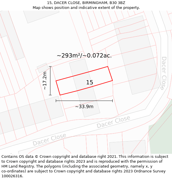 15, DACER CLOSE, BIRMINGHAM, B30 3BZ: Plot and title map