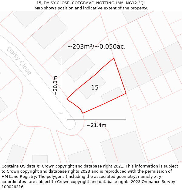 15, DAISY CLOSE, COTGRAVE, NOTTINGHAM, NG12 3QL: Plot and title map