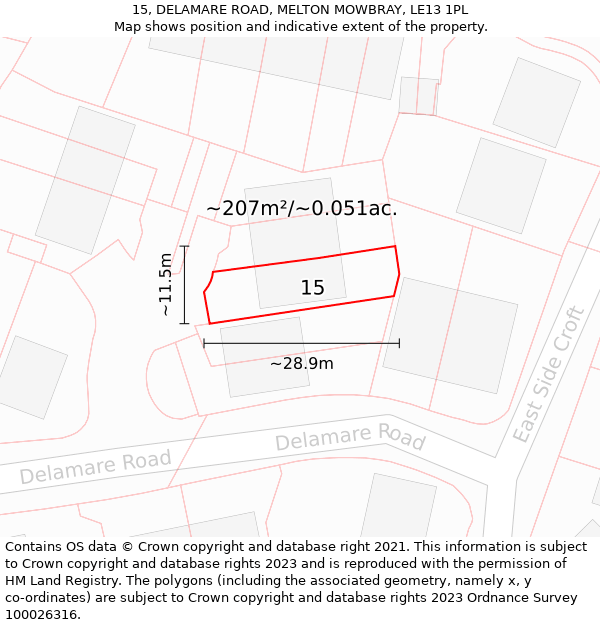 15, DELAMARE ROAD, MELTON MOWBRAY, LE13 1PL: Plot and title map