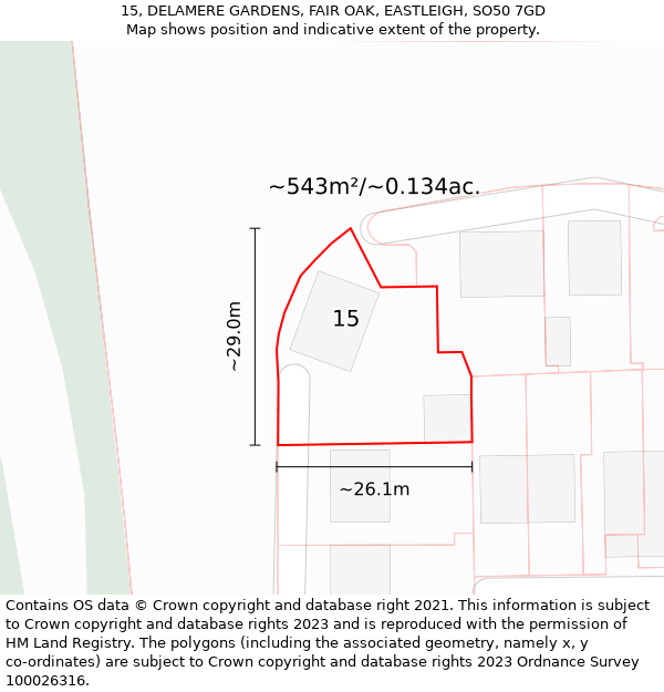 15, DELAMERE GARDENS, FAIR OAK, EASTLEIGH, SO50 7GD: Plot and title map