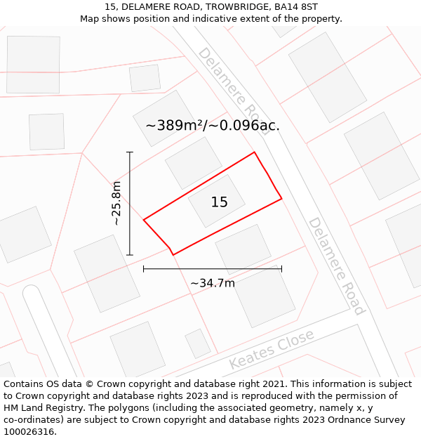 15, DELAMERE ROAD, TROWBRIDGE, BA14 8ST: Plot and title map