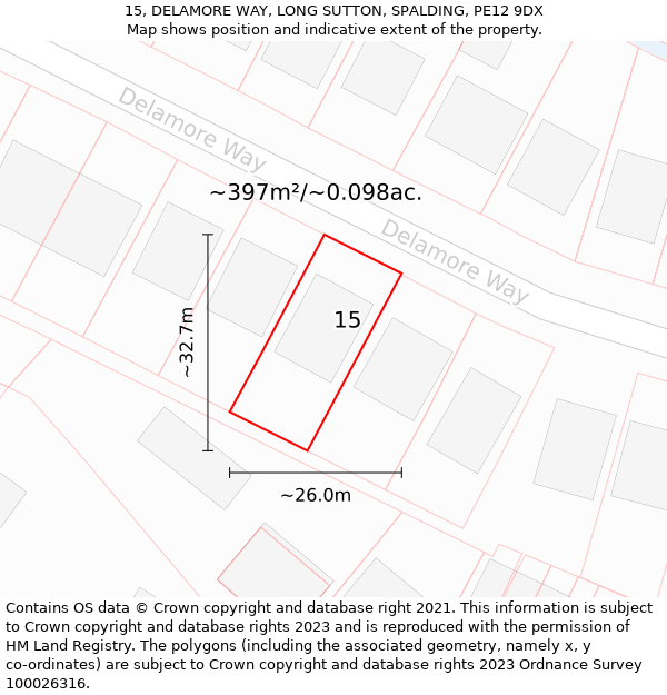 15, DELAMORE WAY, LONG SUTTON, SPALDING, PE12 9DX: Plot and title map