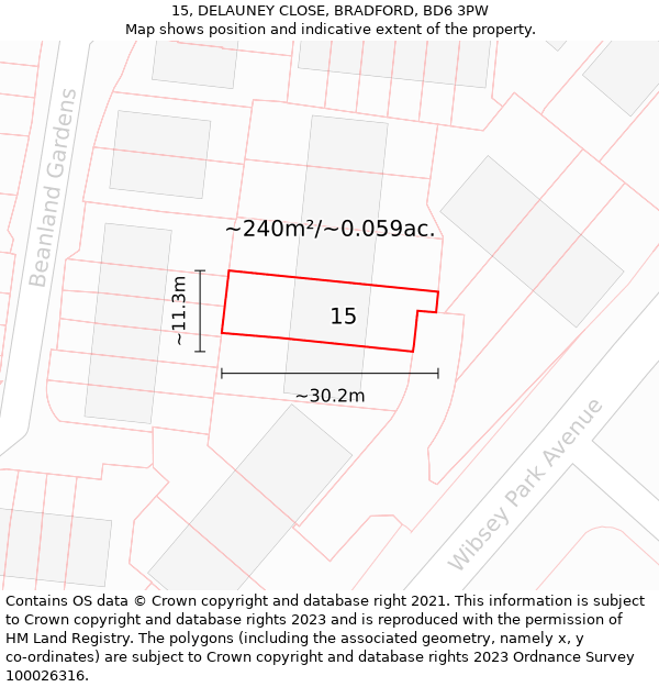 15, DELAUNEY CLOSE, BRADFORD, BD6 3PW: Plot and title map