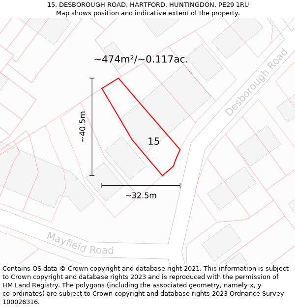 15, DESBOROUGH ROAD, HARTFORD, HUNTINGDON, PE29 1RU: Plot and title map