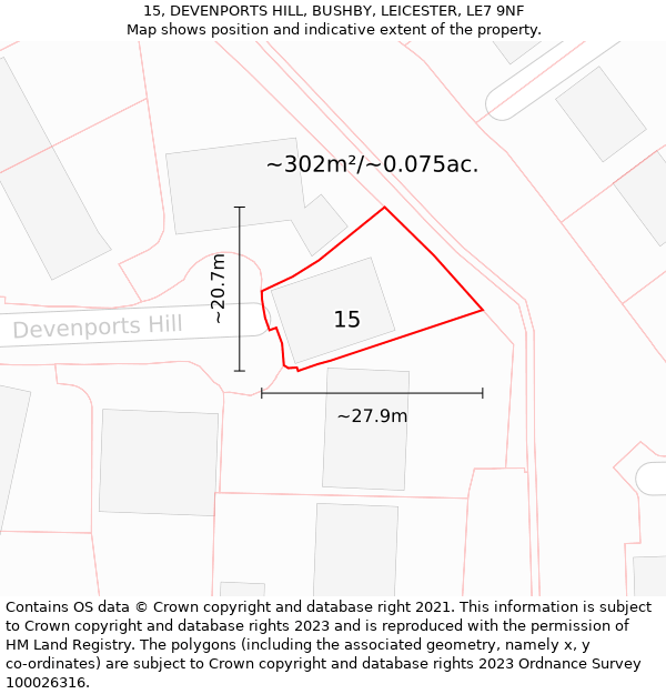 15, DEVENPORTS HILL, BUSHBY, LEICESTER, LE7 9NF: Plot and title map