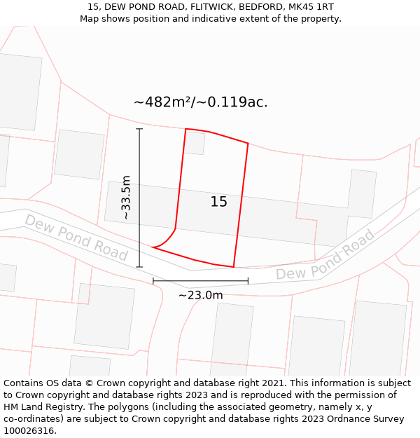 15, DEW POND ROAD, FLITWICK, BEDFORD, MK45 1RT: Plot and title map