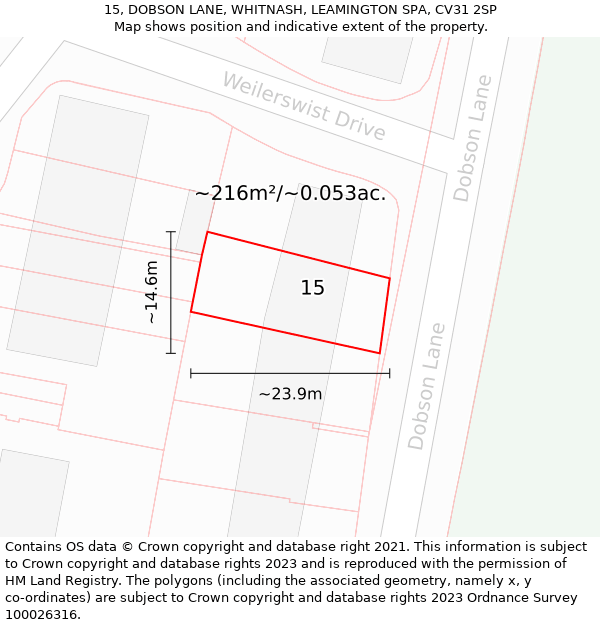 15, DOBSON LANE, WHITNASH, LEAMINGTON SPA, CV31 2SP: Plot and title map