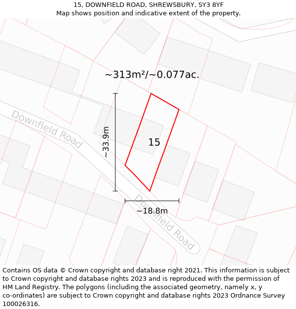 15, DOWNFIELD ROAD, SHREWSBURY, SY3 8YF: Plot and title map