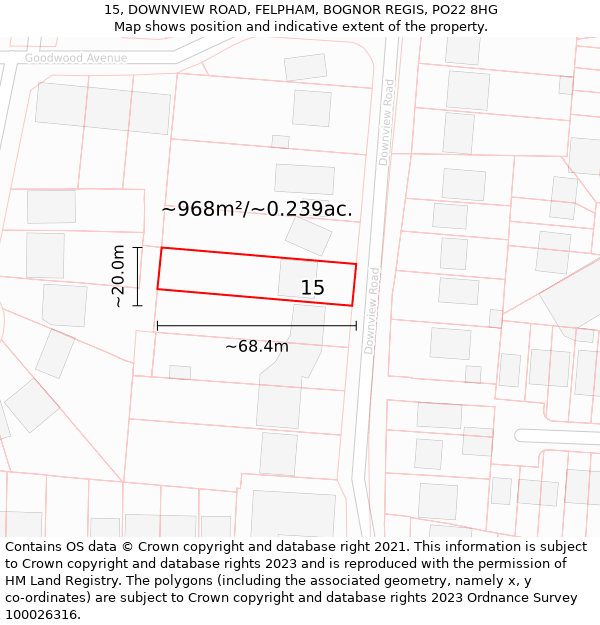 15, DOWNVIEW ROAD, FELPHAM, BOGNOR REGIS, PO22 8HG: Plot and title map