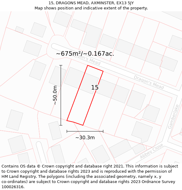 15, DRAGONS MEAD, AXMINSTER, EX13 5JY: Plot and title map