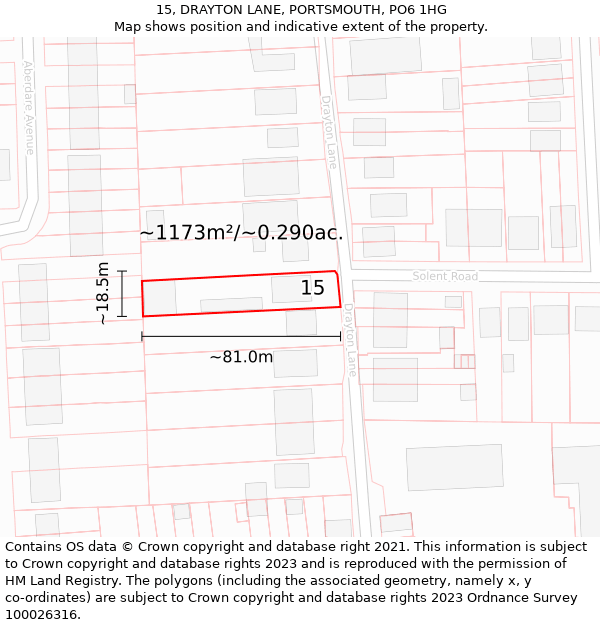 15, DRAYTON LANE, PORTSMOUTH, PO6 1HG: Plot and title map