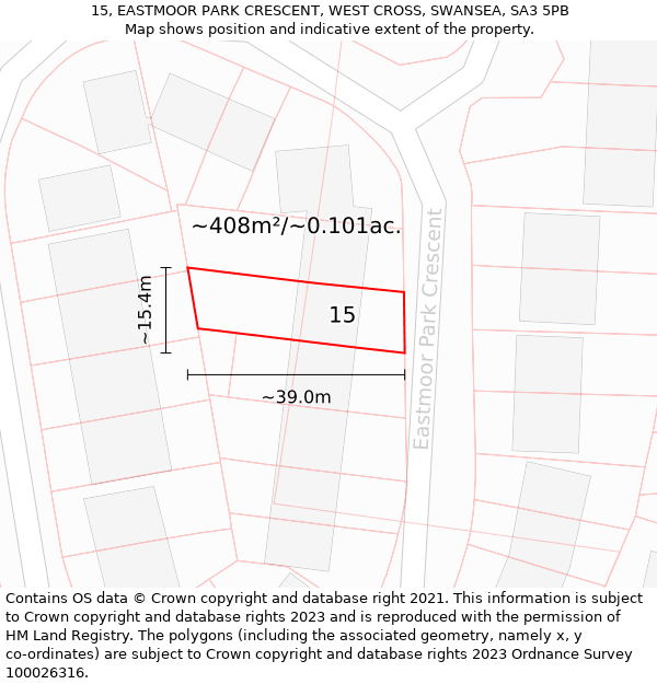 15, EASTMOOR PARK CRESCENT, WEST CROSS, SWANSEA, SA3 5PB: Plot and title map