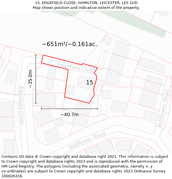 15, EDGEFIELD CLOSE, HAMILTON, LEICESTER, LE5 1UD: Plot and title map