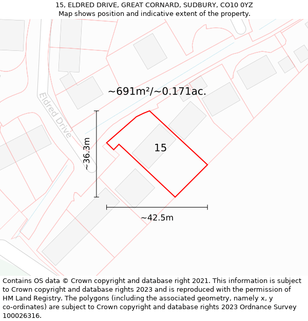 15, ELDRED DRIVE, GREAT CORNARD, SUDBURY, CO10 0YZ: Plot and title map