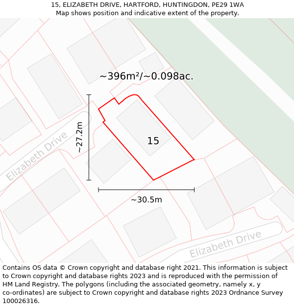 15, ELIZABETH DRIVE, HARTFORD, HUNTINGDON, PE29 1WA: Plot and title map