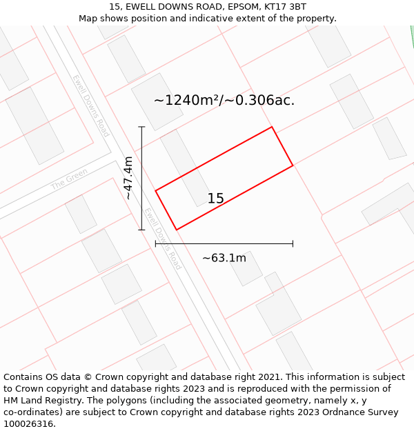 15, EWELL DOWNS ROAD, EPSOM, KT17 3BT: Plot and title map