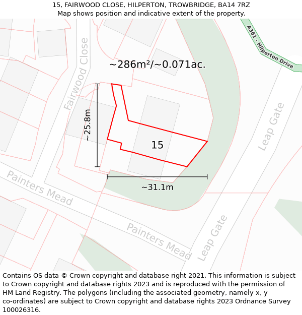 15, FAIRWOOD CLOSE, HILPERTON, TROWBRIDGE, BA14 7RZ: Plot and title map