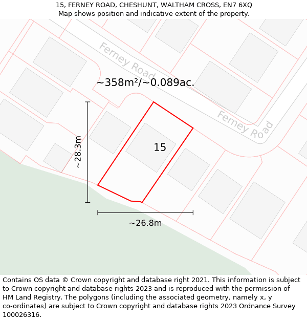 15, FERNEY ROAD, CHESHUNT, WALTHAM CROSS, EN7 6XQ: Plot and title map