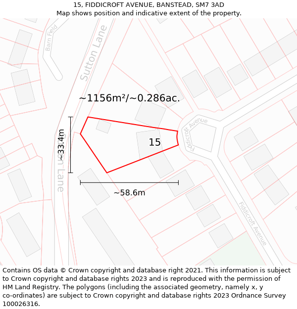 15, FIDDICROFT AVENUE, BANSTEAD, SM7 3AD: Plot and title map