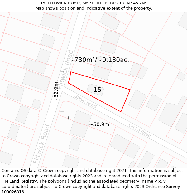 15, FLITWICK ROAD, AMPTHILL, BEDFORD, MK45 2NS: Plot and title map