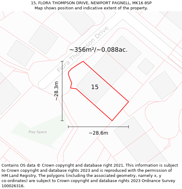 15, FLORA THOMPSON DRIVE, NEWPORT PAGNELL, MK16 8SP: Plot and title map