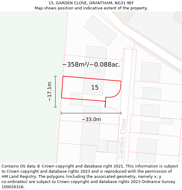 15, GARDEN CLOSE, GRANTHAM, NG31 9EF: Plot and title map