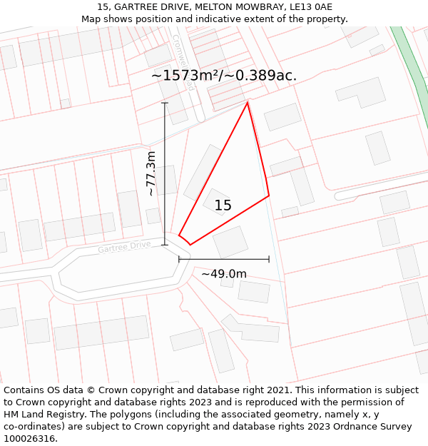 15, GARTREE DRIVE, MELTON MOWBRAY, LE13 0AE: Plot and title map