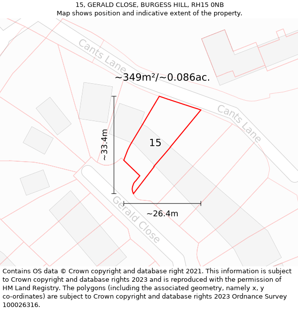 15, GERALD CLOSE, BURGESS HILL, RH15 0NB: Plot and title map