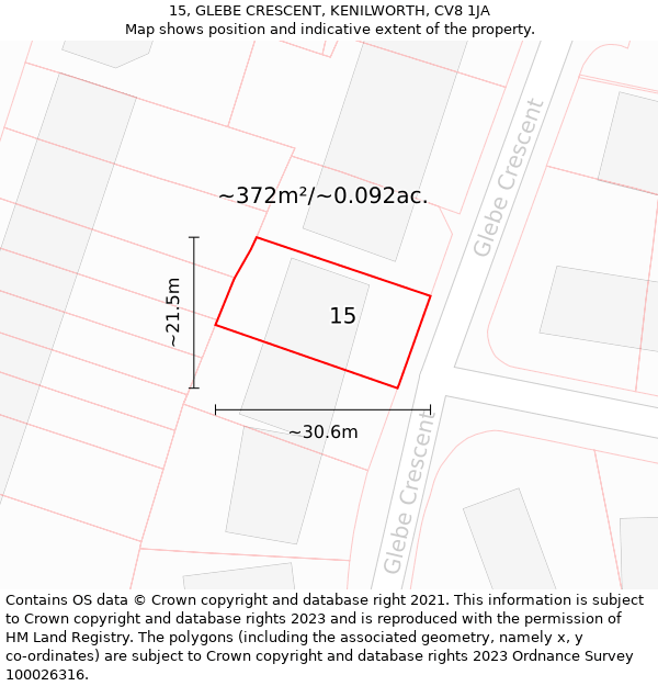 15, GLEBE CRESCENT, KENILWORTH, CV8 1JA: Plot and title map