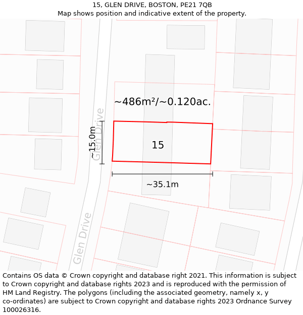 15, GLEN DRIVE, BOSTON, PE21 7QB: Plot and title map